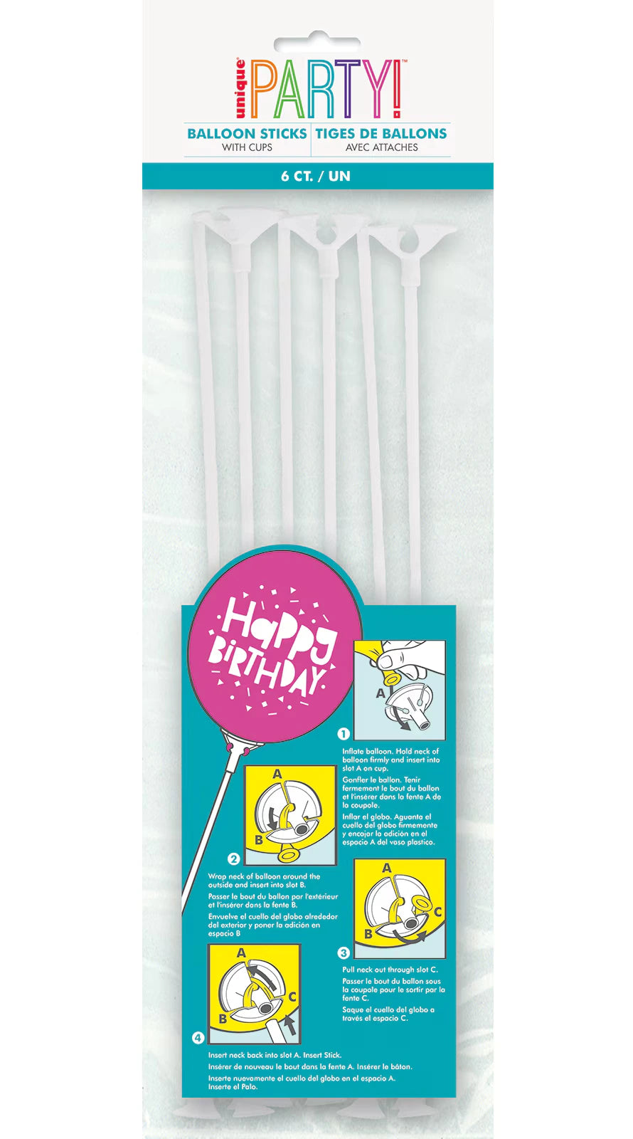 white plastic balloon sticks; each stick has a cup attachment; sticks approximately 30cm long; pack of 6 sticks; packaging shows usage instructions;