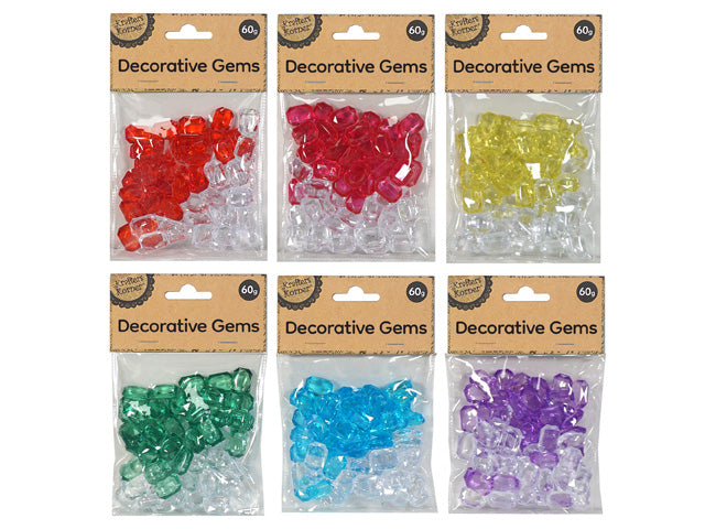 60g pack of acrylic decorative gems; mix of coloured and clear gems; visible colours: red, pink, yellow, green, blue, purple; gems have a faceted, shiny appearance; packaged in clear plastic bag with kraft paper header;