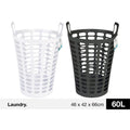 white plastic flexible basket with oval vents; charcoal plastic flexible basket with oval vents; built-in handles on both sides; tall cylindrical shape; 60 litre capacity label shown;