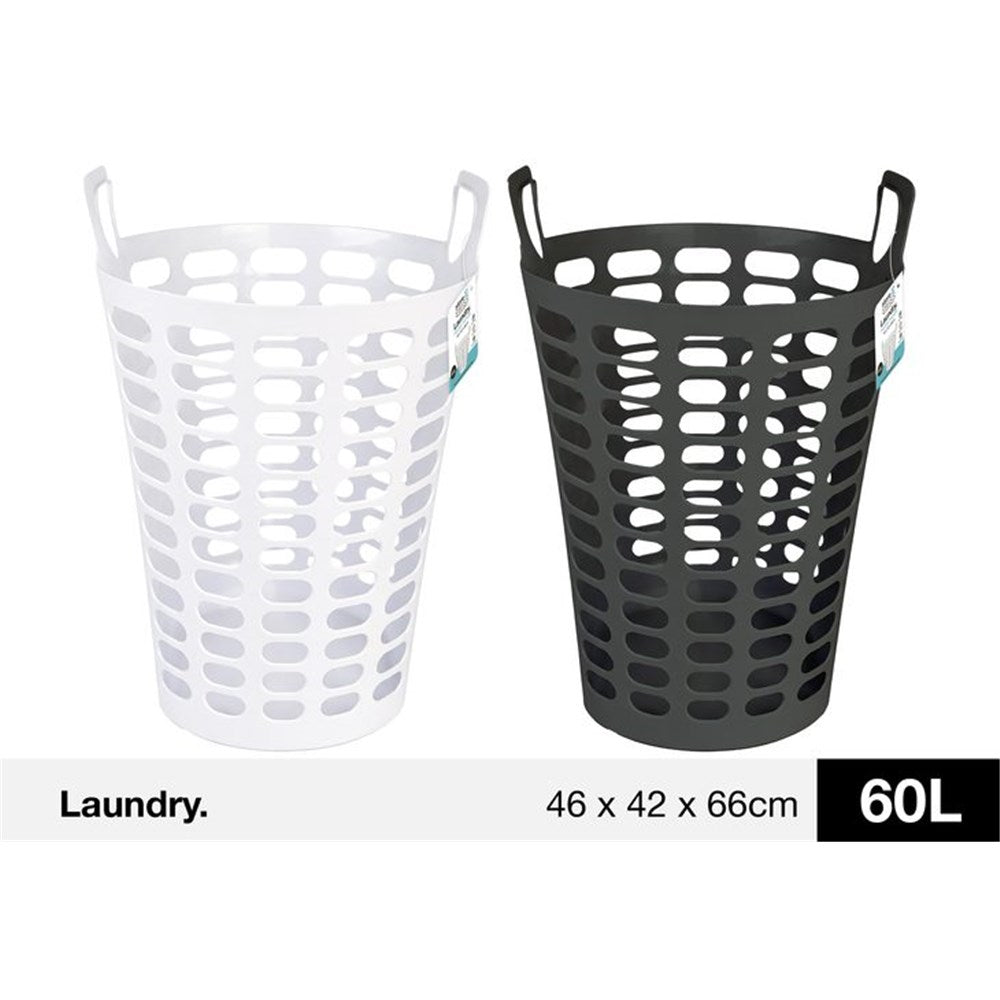 white plastic flexible basket with oval vents; charcoal plastic flexible basket with oval vents; built-in handles on both sides; tall cylindrical shape; 60 litre capacity label shown;