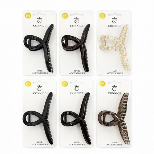 Hair claw clip with twist cross shape; Approx. 6cm length; Made from glossy plastic material; Shown in assorted neutral and tortoiseshell-style colours; Packaged on white backing card branded “Connice”;