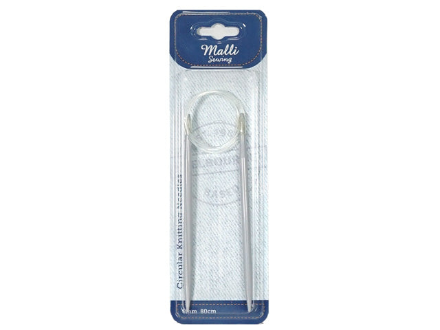 metal knitting needles; clear flexible cable; blue and white packaging; needle size 6mm visible; needle length 80cm;