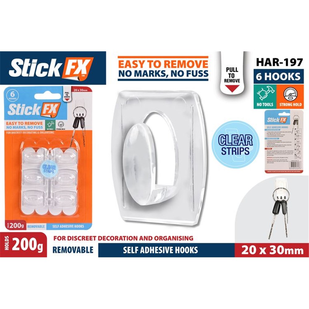 pack of 6 hooks; clear plastic material; hooks attached to clear adhesive pad; compact hook size; packaging shows orange and blue branding;
