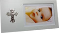 white rectangular frame; holds 6x4 inch photo; silver-toned 'My Christening' cross ornament; matte finish; horizontal orientation;