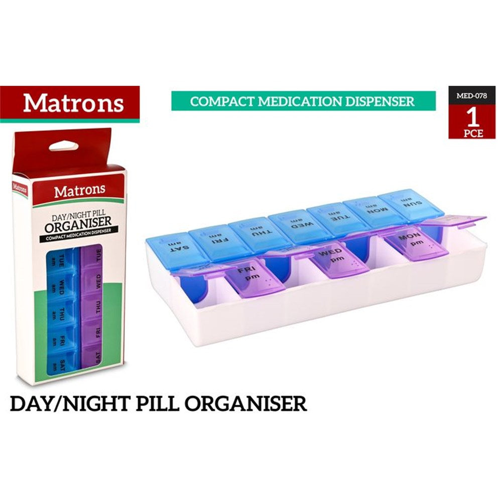 white rectangular base; blue lids for AM compartments; purple lids for PM compartments; day of week labels on lids; clip-style lids;