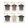Plastic side comb with seven long teeth; Curved top edge for contouring to the head; Shown in assorted neutral colours including brown, black and beige; Packaged on white backing card branded "Connice";
