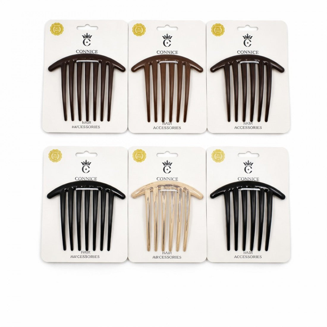 Plastic side comb with seven long teeth; Curved top edge for contouring to the head; Shown in assorted neutral colours including brown, black and beige; Packaged on white backing card branded "Connice";