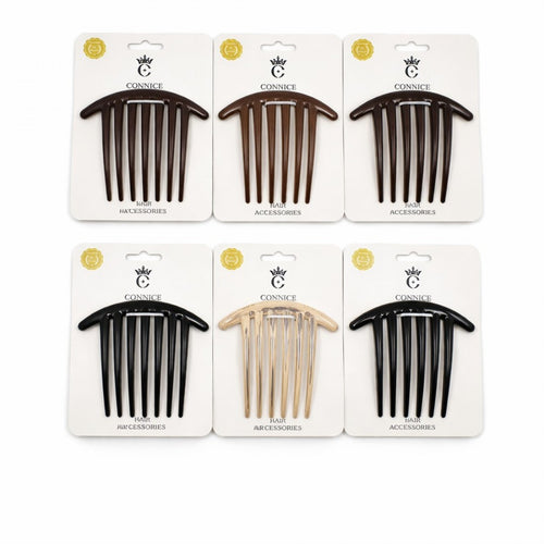 Plastic side comb with seven long teeth; Curved top edge for contouring to the head; Shown in assorted neutral colours including brown, black and beige; Packaged on white backing card branded "Connice";