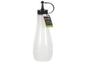 frosted translucent plastic bottle; black screw-on cap with nozzle; attached cap cover on top; tapered body shape; 720ml capacity label attached;