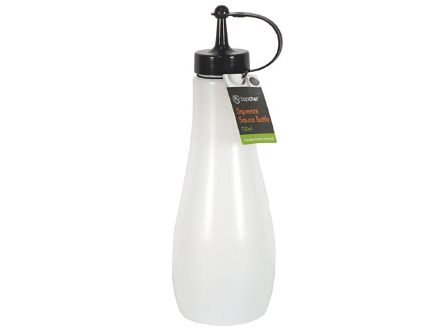 frosted translucent plastic bottle; black screw-on cap with nozzle; attached cap cover on top; tapered body shape; 720ml capacity label attached;