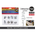 packaged in clear plastic storage tray; metal silver colour bolts and nuts; 8 compartments with assorted sizes; red and yellow header card with product details;