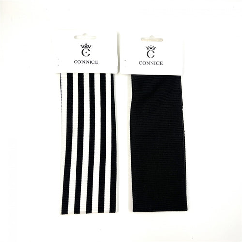 Wide ribbed fabric headband; One solid black design; One black and white vertical stripe design; Supplied on white branded hang card;