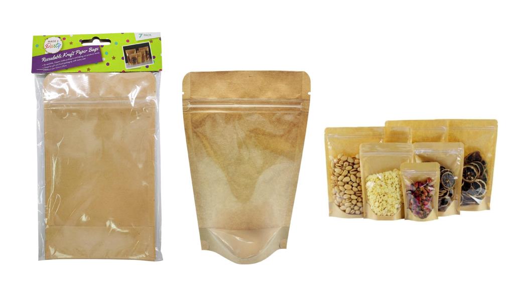 kraft brown paper material; resealable zip lock; full transparent front window; rectangular pouch shape; pack of 7 bags;