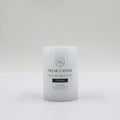 white colour; cylindrical pillar shape; flat top surface; printed text on front; compact size 7x10cm;