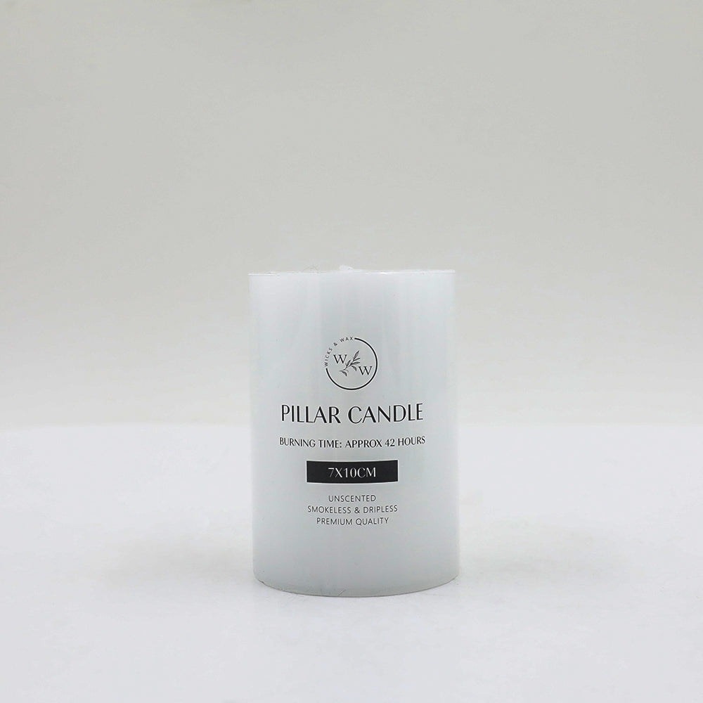 white colour; cylindrical pillar shape; flat top surface; printed text on front; compact size 7x10cm;