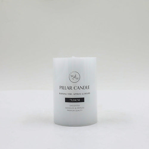 white colour; cylindrical pillar shape; flat top surface; printed text on front; compact size 7x10cm;