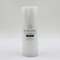 white colour; cylindrical pillar shape; flat top surface; printed label with product details;