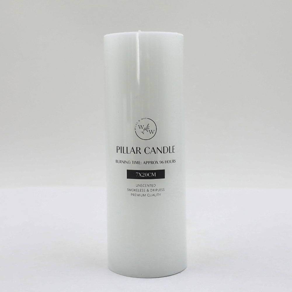 white colour; cylindrical pillar shape; flat top surface; printed label with product details;
