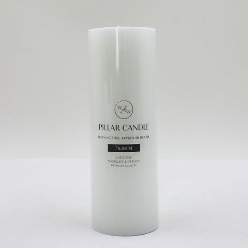 white colour; cylindrical pillar shape; flat top surface; printed label with product details;