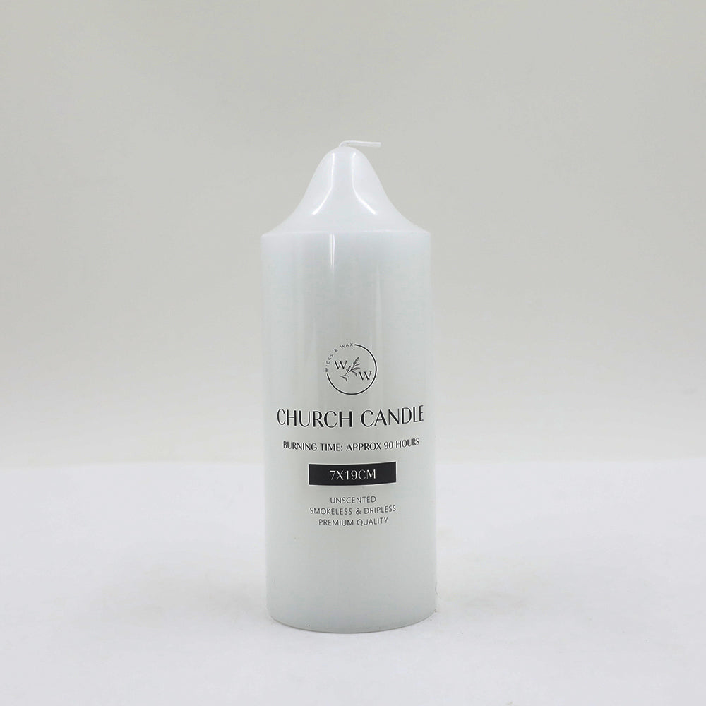 White colour; Cylindrical shape; Plastic or wax material; Text printed on front; Pointed top;