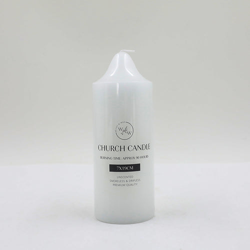 White colour; Cylindrical shape; Plastic or wax material; Text printed on front; Pointed top;