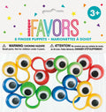 Set of 8 finger puppets; Puppets have large googly eyes; Puppets in red, yellow, green, and blue colours; Plastic material with ring loop for fingers; Packaged in clear polybag with header card;