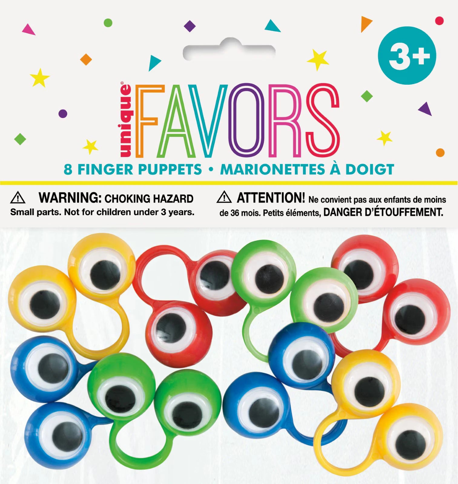 Set of 8 finger puppets; Puppets have large googly eyes; Puppets in red, yellow, green, and blue colours; Plastic material with ring loop for fingers; Packaged in clear polybag with header card;