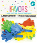 Brightly coloured plastic hand clappers; Shapes resemble a hand with five fingers; Assorted colours including blue, yellow, green, orange; Product packaged in clear polybag with header; Header shows age recommendation and warning text;