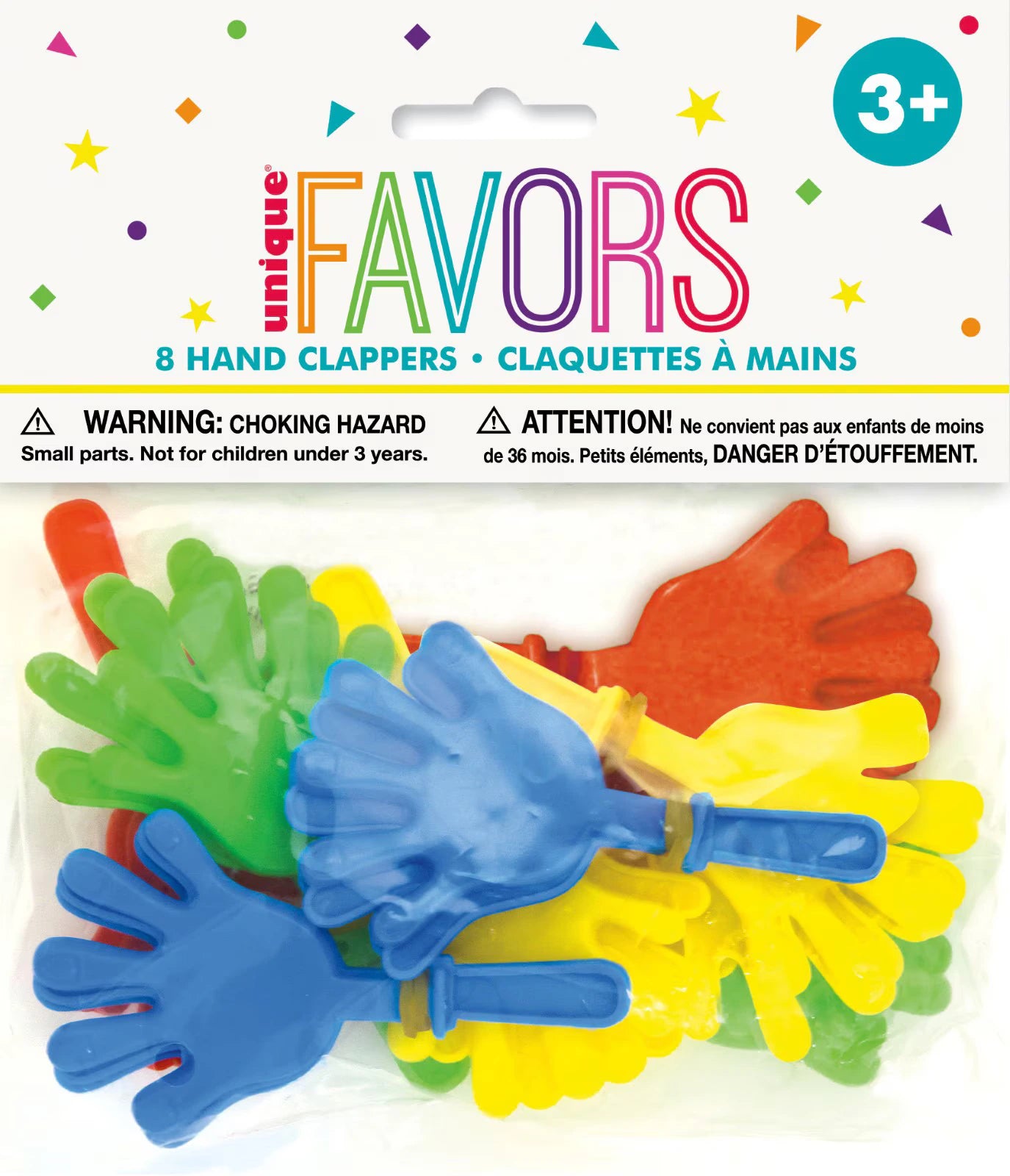 Brightly coloured plastic hand clappers; Shapes resemble a hand with five fingers; Assorted colours including blue, yellow, green, orange; Product packaged in clear polybag with header; Header shows age recommendation and warning text;