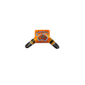 8-inch plywood boomerang; hand-painted Aboriginal style design; orange and black colours; traditional boomerang shape;