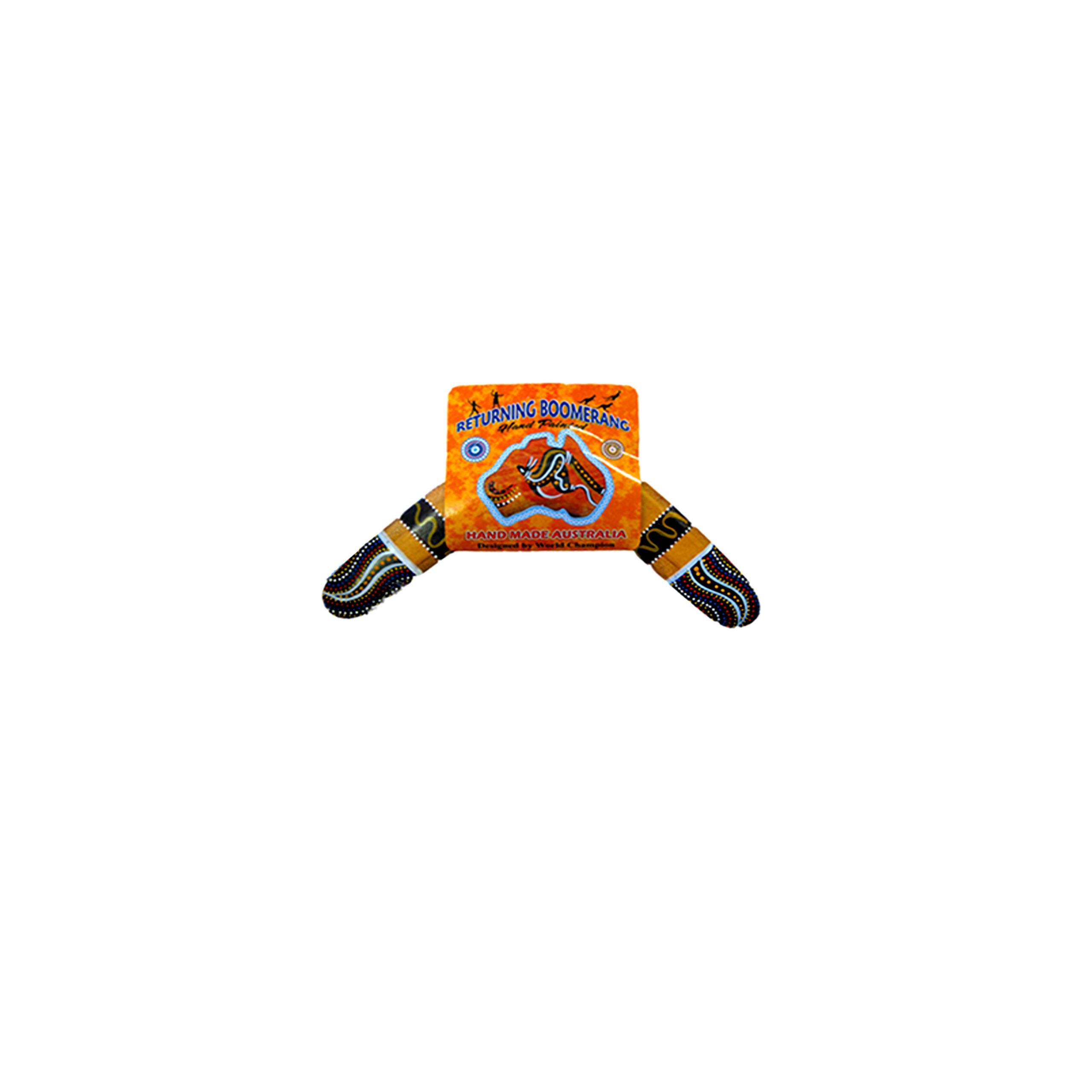 8-inch plywood boomerang; hand-painted Aboriginal style design; orange and black colours; traditional boomerang shape;