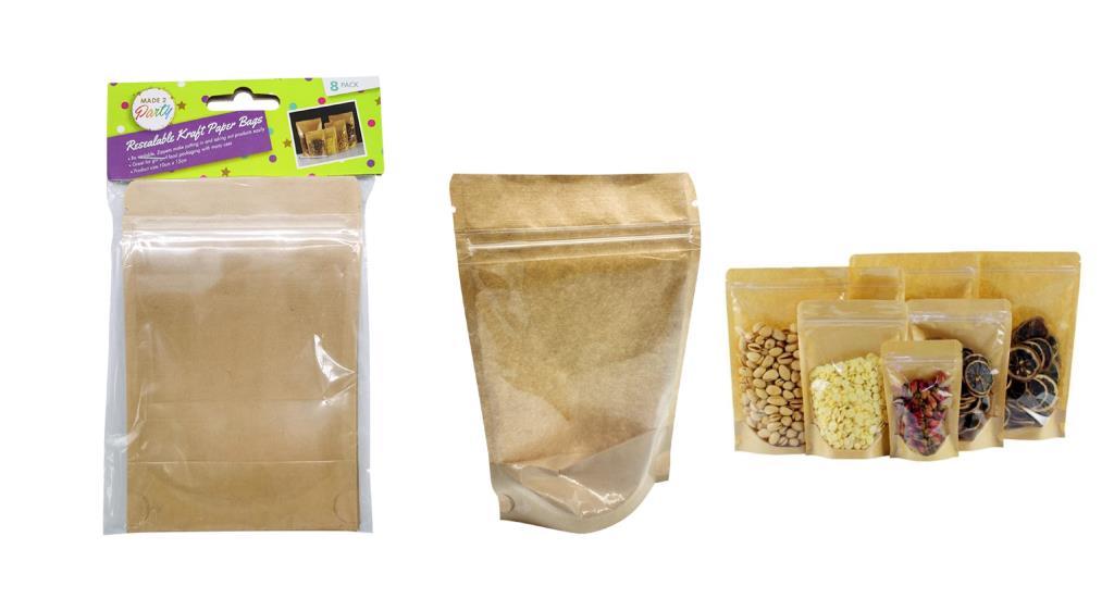 natural brown kraft paper material; clear resealable plastic zipper; full transparent front window; rectangular 10cm wide x 15cm high size; pack of 8 bags in retail packaging;