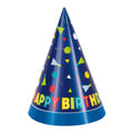 Navy blue cone-shaped party hat; Colourful balloon and party hat illustrations; Multicoloured letters spelling 'HAPPY BIRTHDAY'; Made of glossy cardboard material;