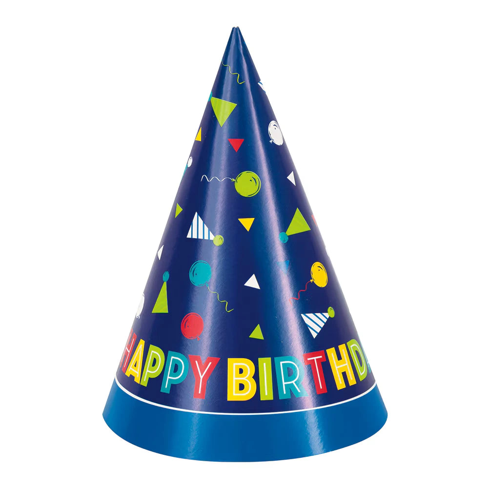 Navy blue cone-shaped party hat; Colourful balloon and party hat illustrations; Multicoloured letters spelling 'HAPPY BIRTHDAY'; Made of glossy cardboard material;