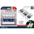 white colour; flat style laces; packaged in clear plastic and cardboard backing; three different lace lengths visible; included in set: 8 laces total;