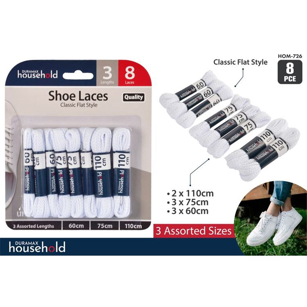 white colour; flat style laces; packaged in clear plastic and cardboard backing; three different lace lengths visible; included in set: 8 laces total;