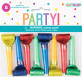 8 prismatic foil blowouts in assorted bright colours; Blowouts have shiny, reflective foil ends; Plastic mouthpieces in matching colours; Packaging shows confetti graphic with 'PARTY!' text; Warning label about choking hazard visible;