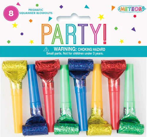 8 prismatic foil blowouts in assorted bright colours; Blowouts have shiny, reflective foil ends; Plastic mouthpieces in matching colours; Packaging shows confetti graphic with 'PARTY!' text; Warning label about choking hazard visible;