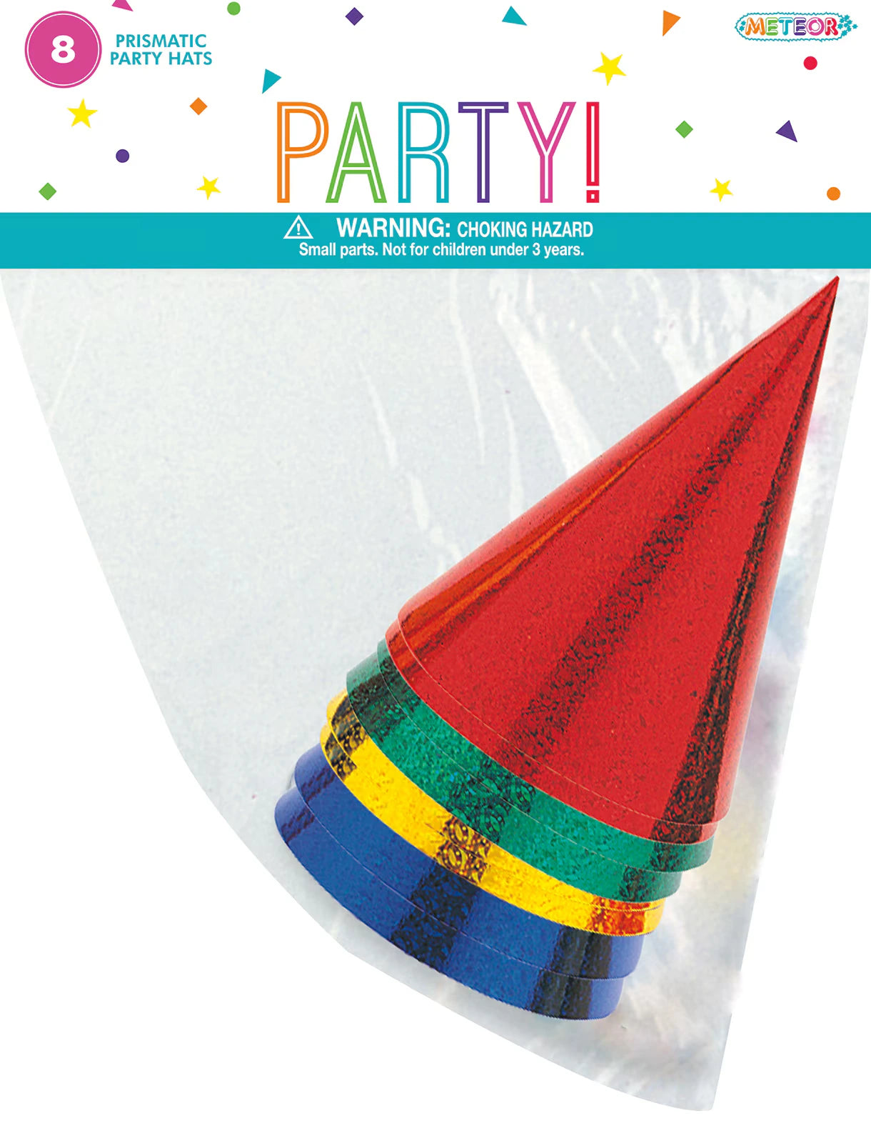 prismatic foil finish; cone-shaped hats; multi-colour: red, green, yellow, blue; pack of 8 hats in clear packaging;