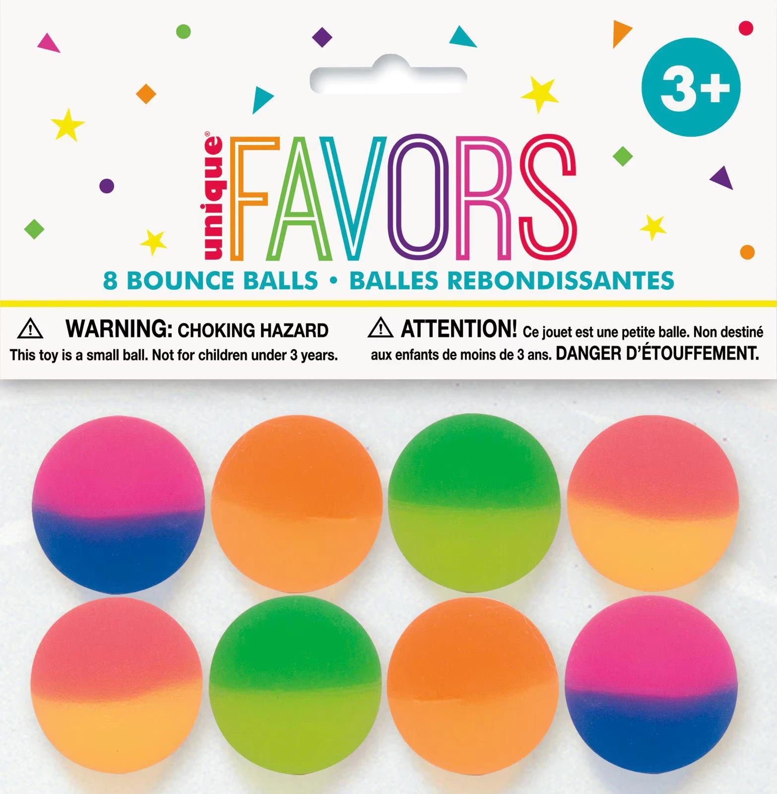 8 balls in pack; two-tone colour design; bright colours: pink-blue, orange, green-yellow, pink-yellow; balls are round and smooth; packaged with header card and polybag;