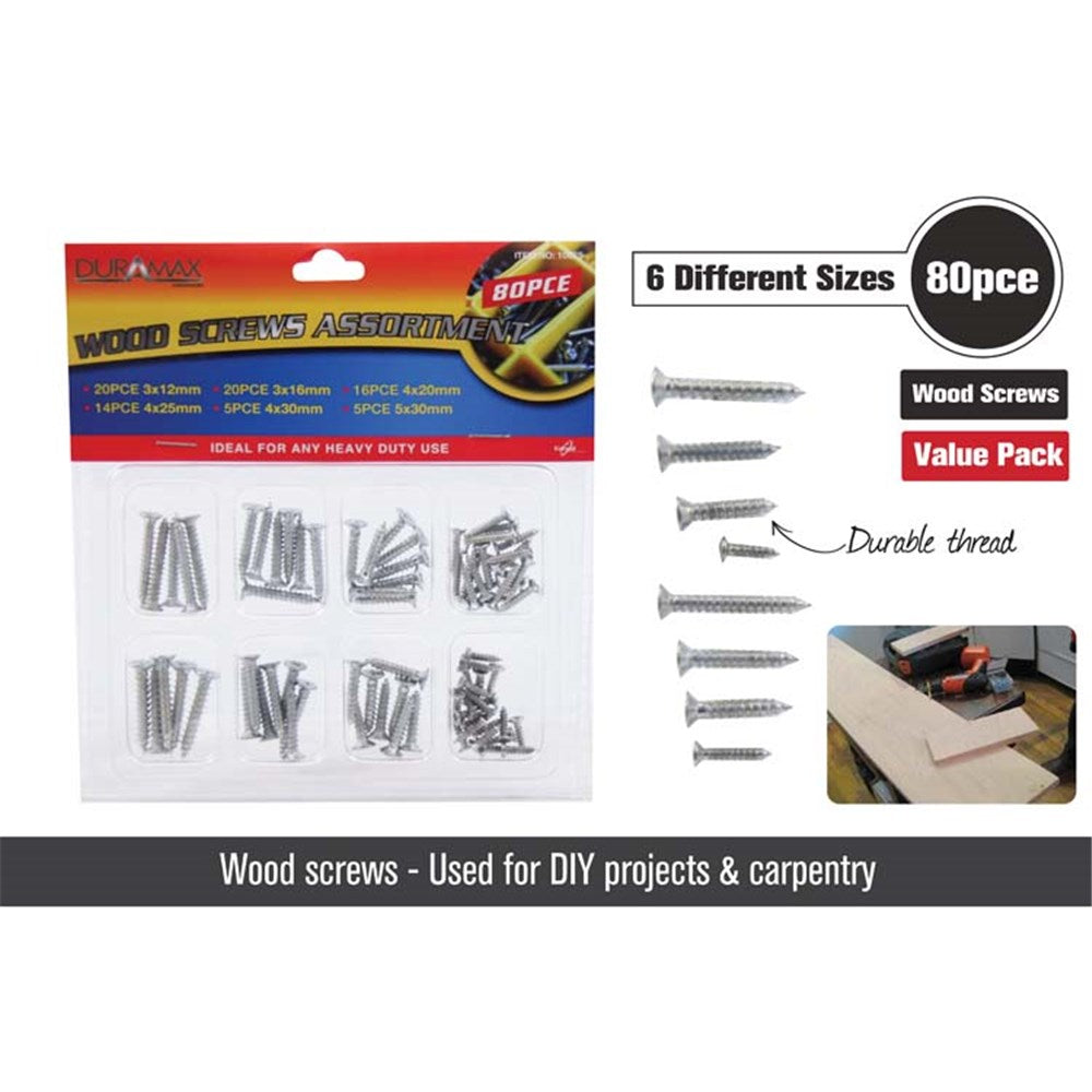 80 wood screws in plastic organiser tray; silver metal screws; 8 compartments with different screw sizes; packaging with red and yellow header card;