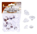 clear acrylic material; diamond cut shape; multi-faceted surface; packaged in clear plastic bag with header card;