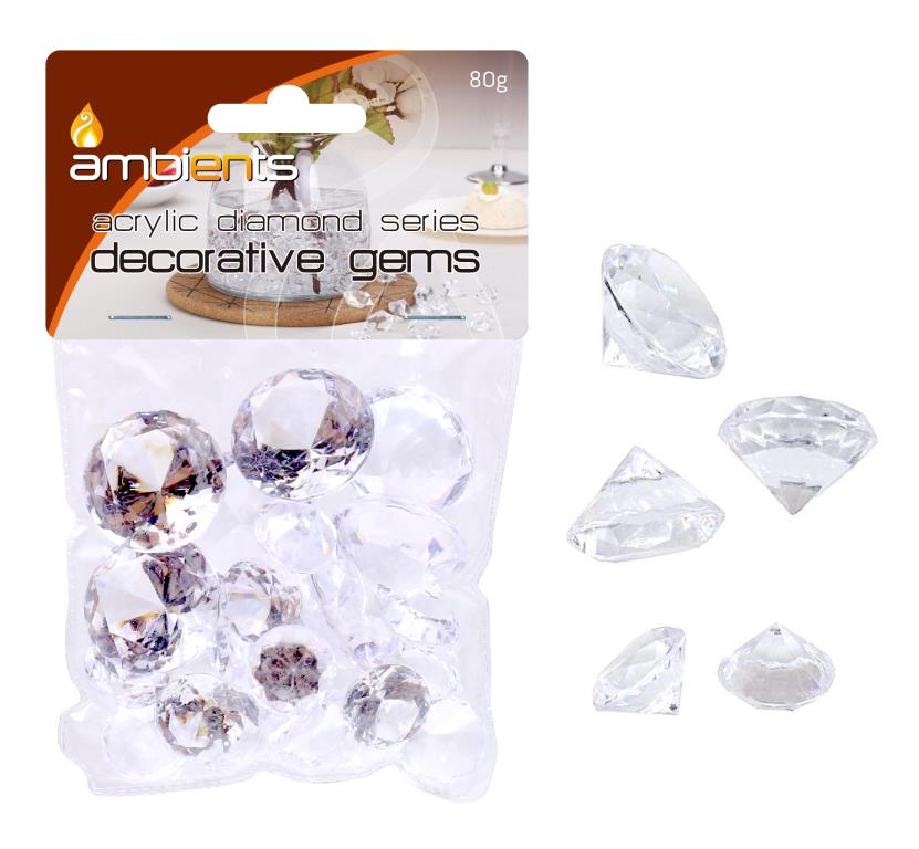 clear acrylic material; diamond cut shape; multi-faceted surface; packaged in clear plastic bag with header card;