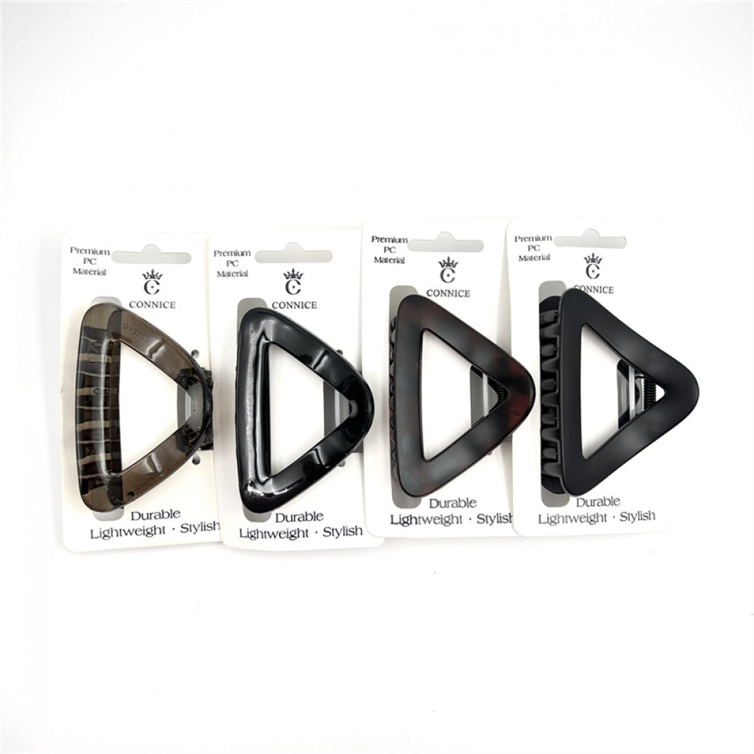 Triangle-shaped hair claw clips; Approx. 8cm size; Assorted neutral tones including black and tortoiseshell; Packaged on white backing cards with hanging slot;