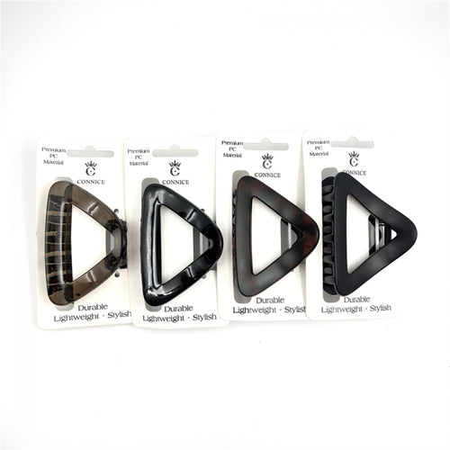 Triangle-shaped hair claw clips; Approx. 8cm size; Assorted neutral tones including black and tortoiseshell; Packaged on white backing cards with hanging slot;