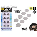 pack of 8 button batteries; silver round coin cell shape; child-resistant blister packaging; labels showing CR2032, CR2025, CR2016 sizes;