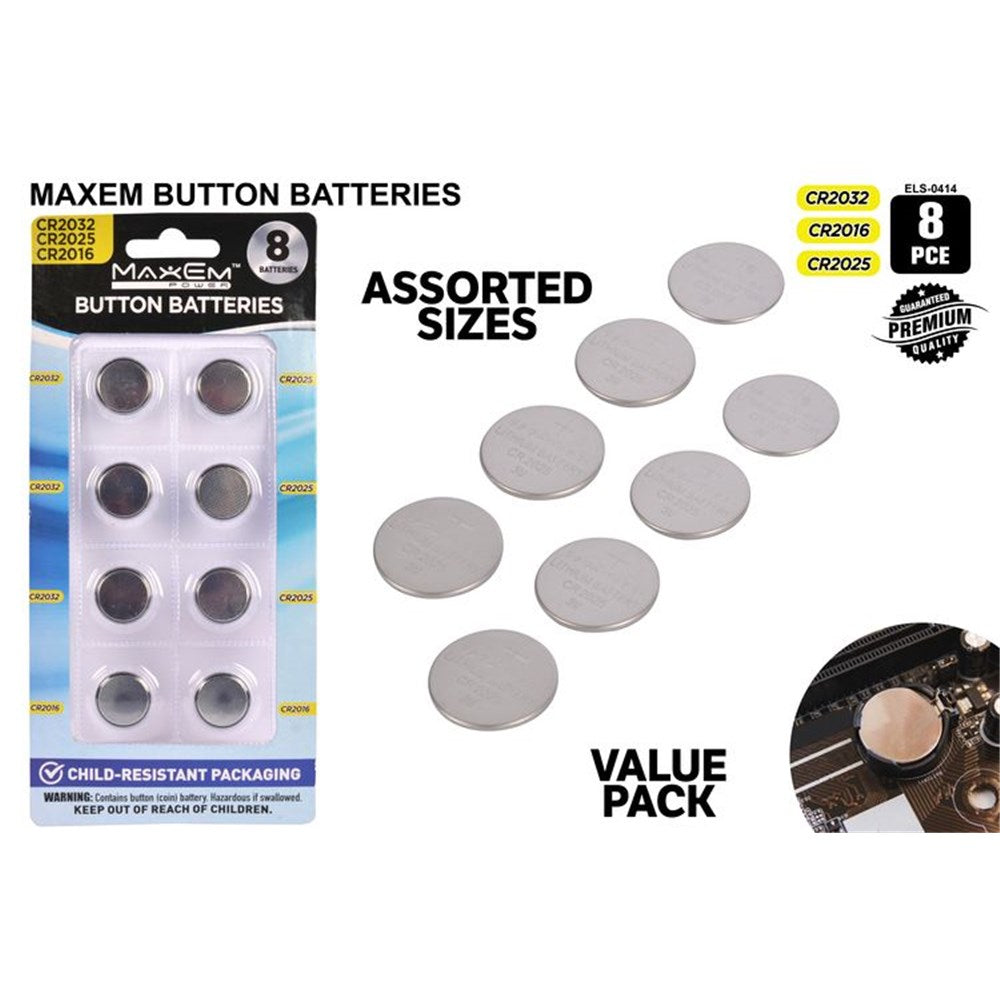 pack of 8 button batteries; silver round coin cell shape; child-resistant blister packaging; labels showing CR2032, CR2025, CR2016 sizes;