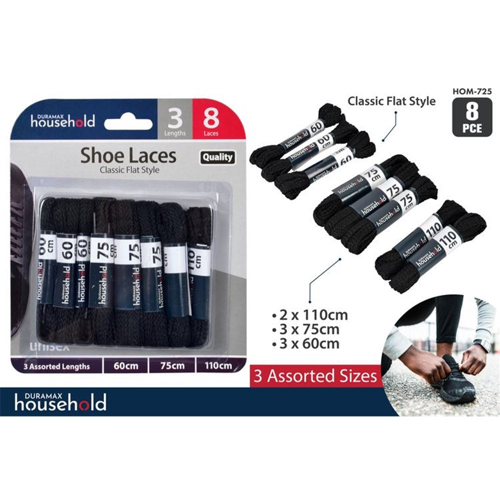 Black classic flat style laces; 8 pieces in pack; Three lengths: 60cm, 75cm, 110cm; Packaging with clear plastic front; Brand labelled as Duramax household;