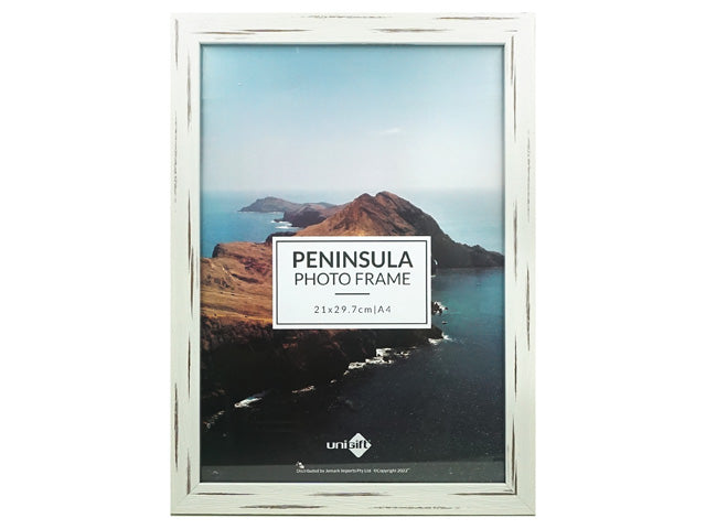 white frame with distressed, weathered effect; rectangular shape; holds A4 size photo (21 x 29.7 cm); transparent front cover; simple, classic style;
