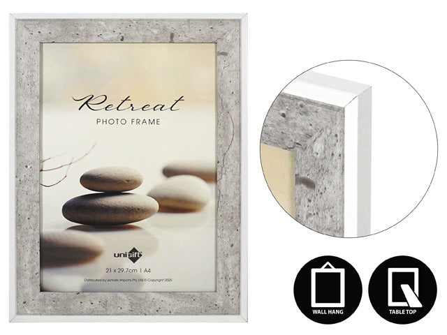 stone-effect grey textured frame; A4 size (21x29.7cm); wall hanging and table top icons; glass front panel; rectangular shape;